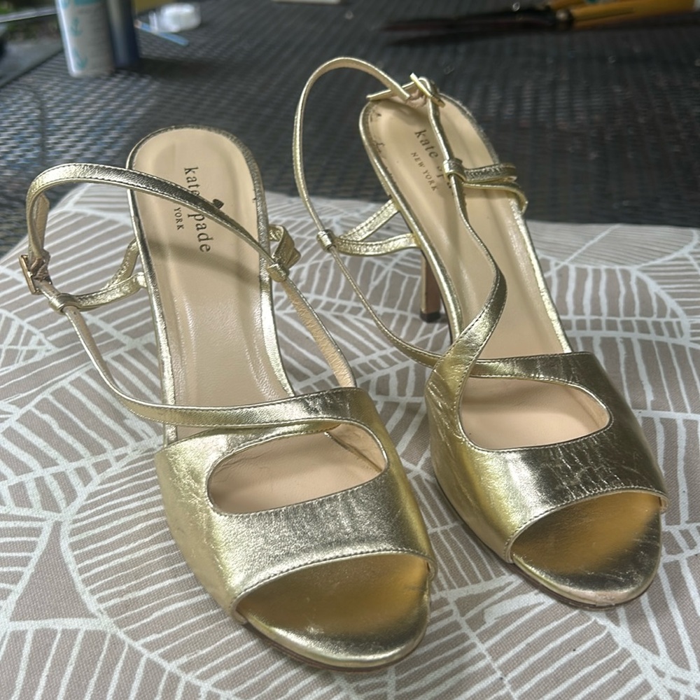 Kate Spade Heels Strappy Gold Leather made in Italy crisscross sling back